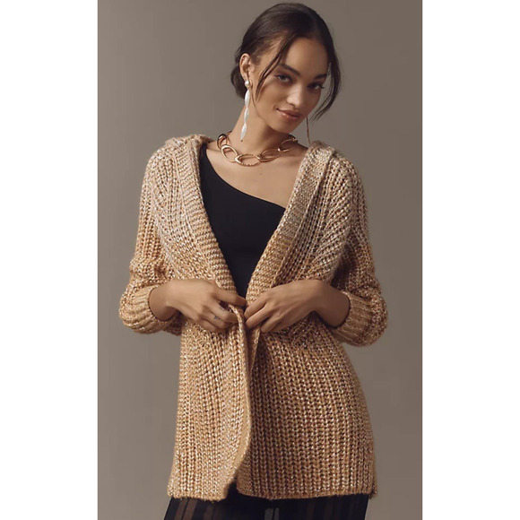Anthropologie Maeve Oversized Collar Cardigan Sweater M Gold Shimmer Holiday NWT - Picture 5 of 16